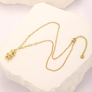 Stainless Steel 18K Gold Plated Bear Pendant Necklace For Women Paperclip Cable Combined Chain Fashion Jewelry