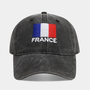 Washed cotton black baseball cap with embroidered France flag and text for soccer fans