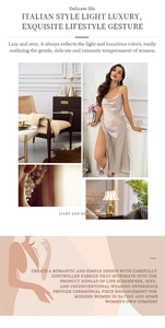 Detail of elegant satin slip dress with deep V-neck and high side slit in pearl white
