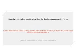 Detailed spec sheet showing S925 silver needle material and 1.3x1.1cm opal earring size