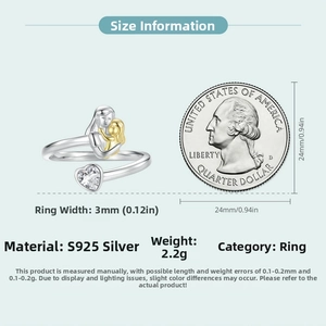 Detailed view of 925 sterling silver heart ring with 3mm width and 2.2g weight specs