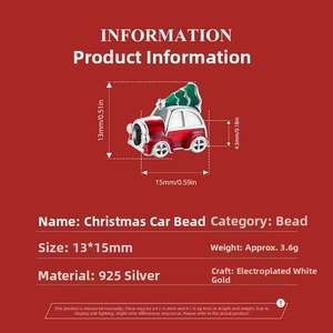 Detail showing dimensions of red car bead with Christmas tree in s925 silver finish