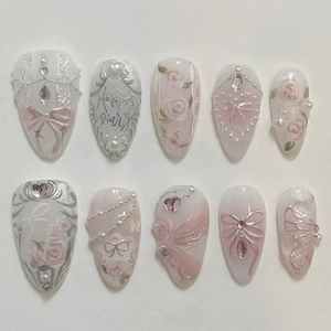 3D Pink Rose Flower Press On Nails French Sweet Bow Artificial Pearl Rhinestone Gradient Blush False Nails Reusable For Women