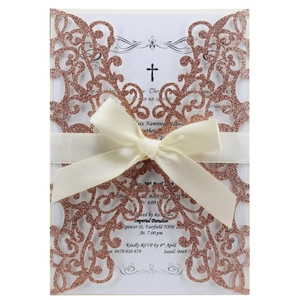 Wedding Invitation Cards Laser Cut Glitter Cardstock With Satin Ribbon Bow Floral Hollow Design For Engagement Party