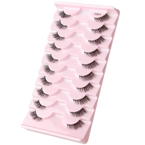 Macro detail of 10 pairs of black natural false eyelashes Y1011 in pink tray