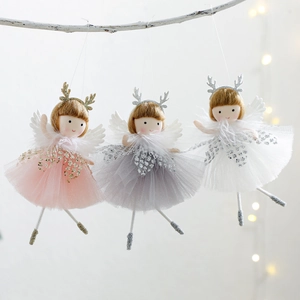 Christmas Angel Pendant Mesh Tulle Glitter Antler Feather Wing Elf Doll Hanging Ornament For Christmas Tree Party Decoration