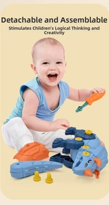 Toddler hands assembling a blue triceratops toy with a yellow plastic screwdriver