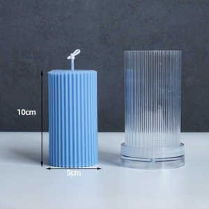 Detailed view of cylindrical plastic candle mold and 5x10cm ribbed candle product