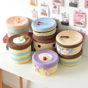 Handmade Cotton Rope Woven Storage Basket With Lid Cute Cartoon Decorative Handle Desktop Organizer Sundries Container For Bedroom