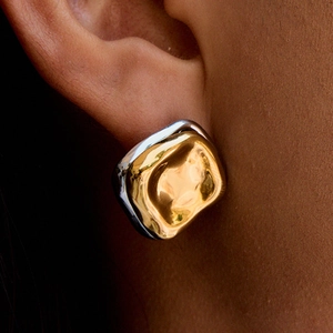 Two-tone square hammered metal stud earrings in gold and silver finish for women