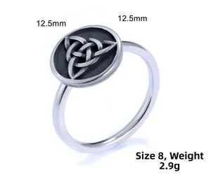 Detail view of vintage stainless steel ring with triquetra knot and 12.5mm face size