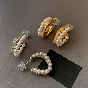 Elegant C Shaped Hoop Earrings With Faux Artificial Pearl And Rhinestone 925 Sterling Silver Earring Post Retro For Women