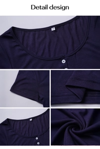 Detail design showing dark blue ribbed knit fabric, button neckline, and stitching quality