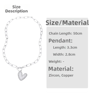 Size chart showing 50cm link chain and 3.3cm zircon heart pendant in polished copper