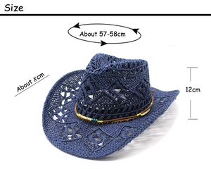 Detail of dark blue straw cowboy hat with hollow weave patterns and beaded trim