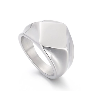 Polished silver geometric square signet ring in minimalist stainless steel for men