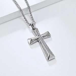 Hip hop style silver stainless steel cross pendant necklace with clear crystals and twist chain