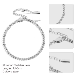 Detailed view of 4mm stainless steel Cuban chain bracelet with 15+3cm adjustable extension