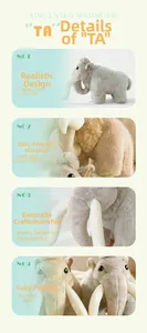 Detail of plush mammoth toy showing soft grey long faux fur and realistic ivory tusk texture