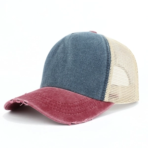 Distressed tricolor mesh baseball cap with vintage frayed brim in grey blue and burgundy