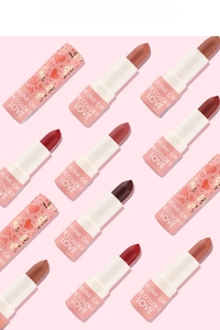 Detail showing various lipstick shades with romantic heart pattern packaging display