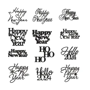 Set of 12 black acrylic Christmas cake toppers with Happy New Year and Hello 2024 designs