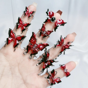 Gothic red and black enamel butterfly open ring set with silver plating and white zircons