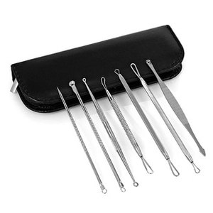 Detailed set of 7 stainless steel acne removal tools with a black zipper storage case
