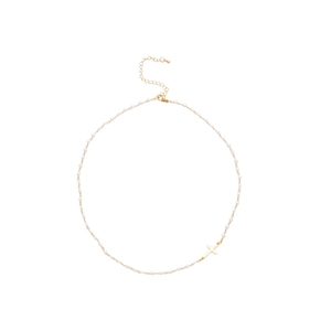 Elegant pearl necklace with golden cross pendant on a clean white background