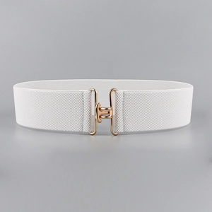 Detailed close-up of white elastic waist belt with luxury gold metal hook buckle