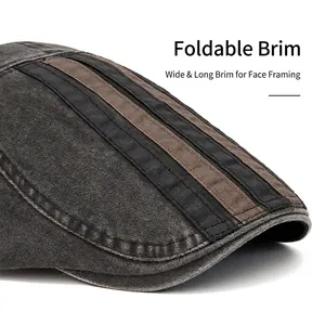 Men's washed cotton flat cap with foldable wide brim and retro grey denim texture