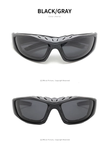 Close-up of polarized sports sunglasses with gray lenses and protective foam padding