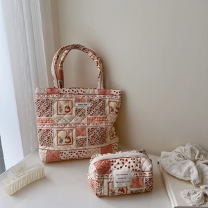 Quilted cotton tote bag and matching cosmetic pouch set with cute floral and rabbit design