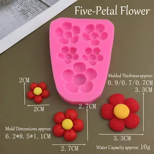 Macro detail of pink silicone mold with flower cavities and resin samples in three sizes