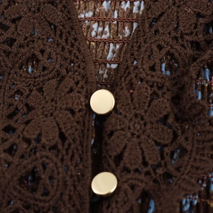 French floral chiffon maxi dress with brown knit cardigan and gold buttons