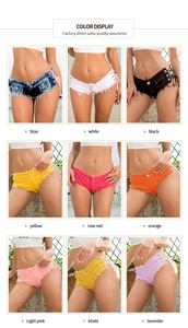Dettaglio colori per pantaloncini sexy in denim a vita bassa con lacci laterali e frange