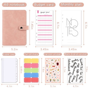 Pink A6 PU leather budget binder set with zipper envelopes and colorful stickers