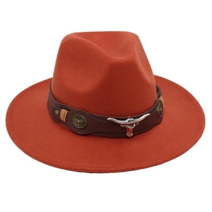 Close-up of western felt hat with brown leather band and silver longhorn bull head buckle