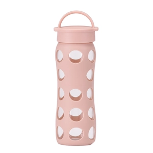 Grande bouteille d'eau en verre borosilicaté avec gaine en silicone rose et poignée