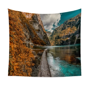 Bohemian wall tapestry with autumn mountain lake landscape and wooden pier view