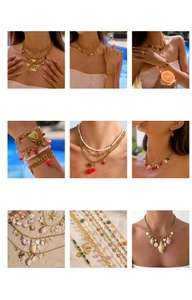 Collage of stainless steel jewelry featuring heart, fruit, and pearl bohemian designs