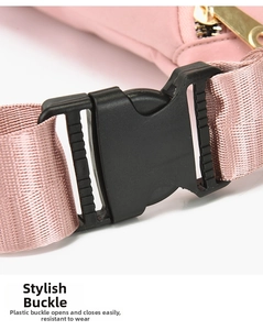 Detail of pink PU sports bag featuring black plastic buckle and adjustable woven strap
