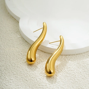 Minimalist 18K gold teardrop earrings in polished stainless steel with a sleek hollow design