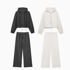 Women Hooded Zipper Jacket And Wide Leg Trousers Polyester Casual Streetwear Fashion Outfits For Outdoor Daily Activities
