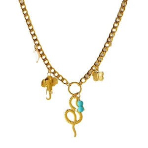 Gold bohemian necklace with elephant, butterfly, snake, and heart charms on cuban chain