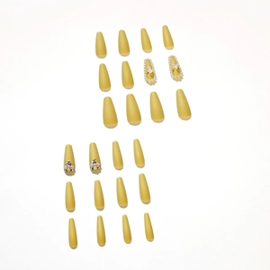 Matte mustard yellow coffin press-on nails set with 3D butterfly and pearl rhinestones