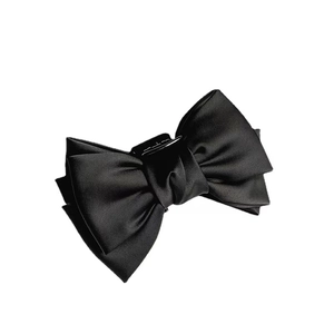 Elegant black satin bow hair claw clip for girls princess hairstyle on white background