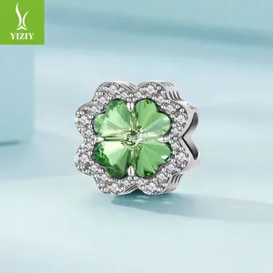 S925 sterling silver four-leaf clover charm with green crystal and zircon accents