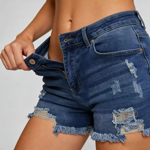 Détails macro d'un short en jean avec déchirures et ourlet effiloché style bohème