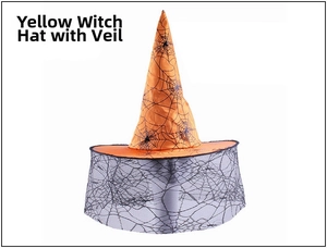 Close-up of orange Halloween witch hat with spider web prints and purple veil detail